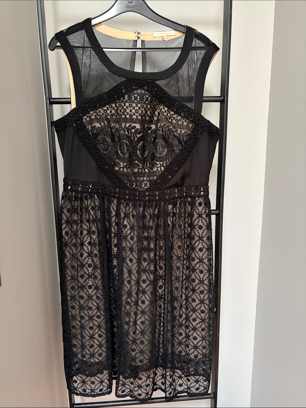 SKIES ARE BLUE  Black Lace Midi Dress with Sheer Yoke.